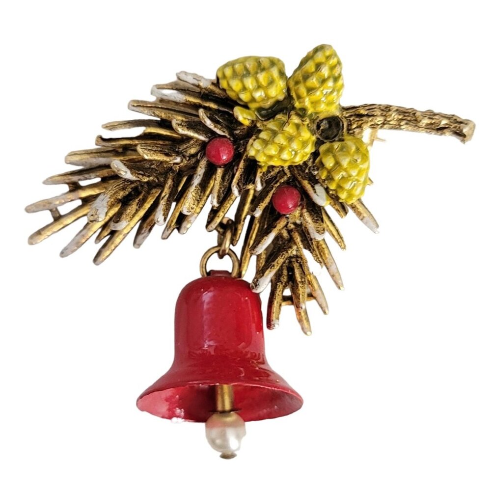 ART Arthur Pepper Vintage Red Enamel Bell Snowy Pine Boughs Brooch, Signed